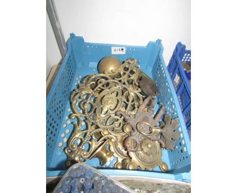 A tray of assorted brass lamp parts etc.,