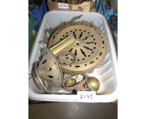 A tray of brass lamp parts etc.,