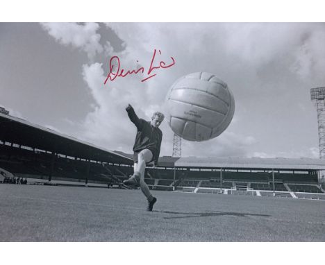 Autographed DENIS LAW 12 x 8 Photo : B/W, depicting a wonderful image showing Man United's Scottish International DENIS LAW k