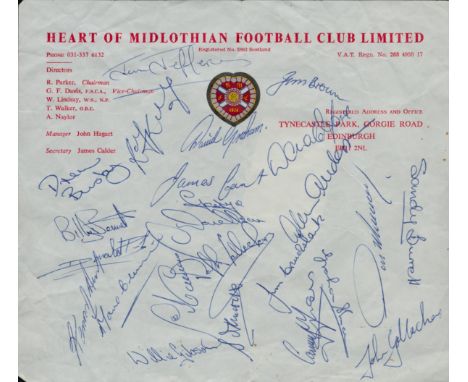 Heart of Midlothian FC 1974/75 squad signed 8x6inch headed note paper. Amongst signatures are Drew Busby, James Cant, Willie 