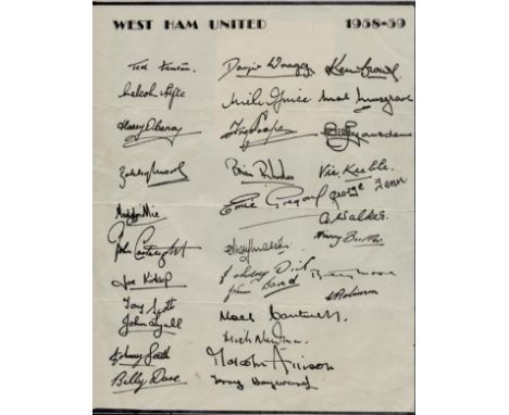 West Ham United 1958-1959 multi signed, Ken Brown, Billy Dare, Joe Kirkup, Brian Rhodes and many more over 15 autographs on A