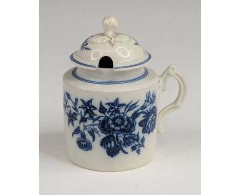 A Caughley porcelain mustard pot and cover, circa 1785, decorated in the Three Flowers and Butterfly pattern, C mark verso, h