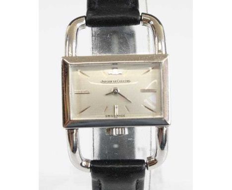 A lady's steel Jaeger le Coultre 'Hermes Etrier' manual wind wristwatch, with a rectanguilar silver baton dial and stirrup st