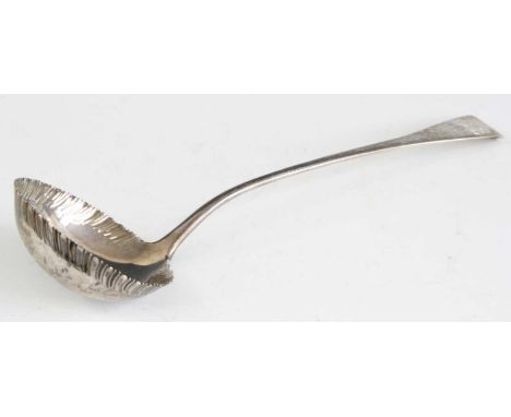 A George III silver soup ladle, in the Old English pattern, the bowl with spiral fluted edge, having monogrammed terminal, ma