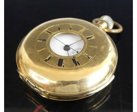 A continental 18ct gold cased half hunter quarter repeating chronograph pocket watch, having an unsigned white enamel dial, c