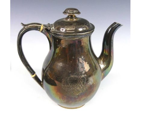 A George IV silver coffee pot, of pear shape, having C-scroll handle with raised thumbpiece and ivory insulators, the domed h