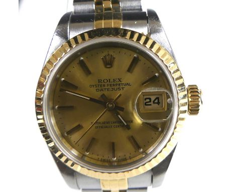 A lady's bi-metal Rolex Oyster Perpetual Datejust Superlative chronometer officially certified wristwatch, having a champagne