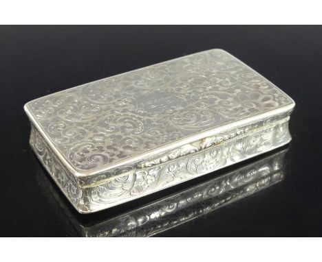 An early Victorian silver snuff box, of rectangular form with gilt-washed interior and raised thumbpiece opening, all-over ch