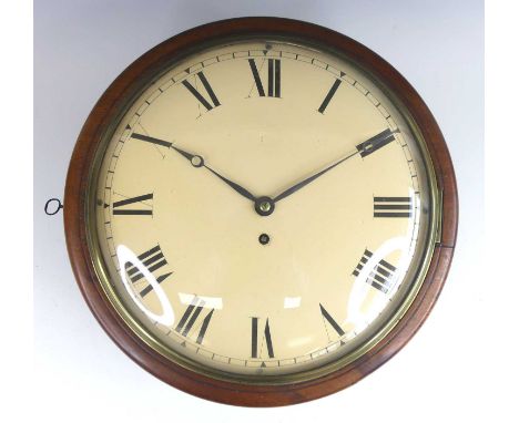 A late Georgian mahogany circular dial wall clock, having a repainted and unsigned white enamel Roman dial, single winding ho