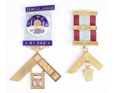 A 9ct gold Masonic jewel for the Temple Lodge No.558, annotated verso, with further 9ct gold and enamel bars to a silk ribbon