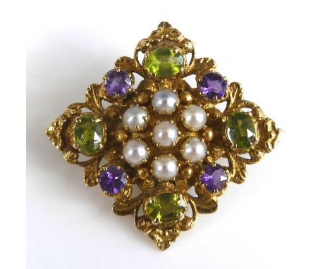 A yellow metal square shaped peridot, amethyst, and half pearl brooch, comprising a centre cluster of seven 3.6mm half pearls
