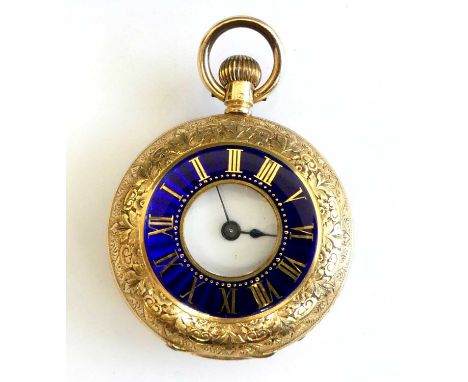 An 18ct yellow gold lady's manual wind half hunter fob watch, with monogram and floral detail engraved to the case, blue enam