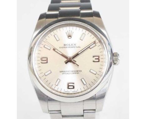 A gents stainless steel Rolex Oyster perpetual superlative chronometer officially certified watch, having a silver Arabic/ind