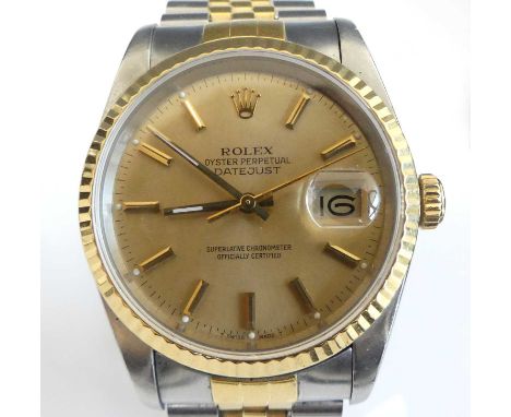 A gents bi-metal Rolex Oyster Perpetual Datejust superlative chronometer officially certified wristwatch, having round champa