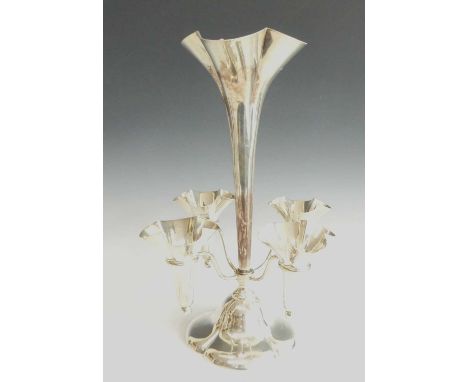 An Edwardian silver five-trumpet epergne, the central quatrefoil trumpet vase with a finely beaded border, attached to a four