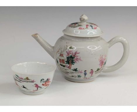 A Chinese porcelain teapot and tea bowl,18th century, the teapot of bullet form, each enamel decorated in the Stag Hunt patte