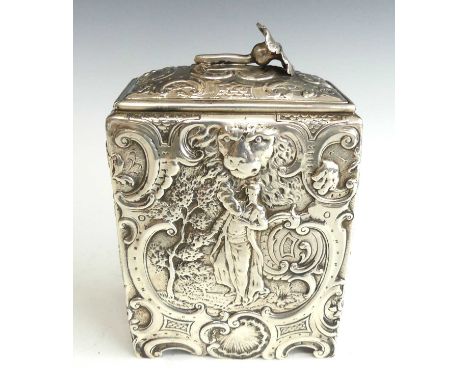 A 19th century continental silver tea caddy, of rectangular form to a scrolling shaped foot, having slide-off lid with applie