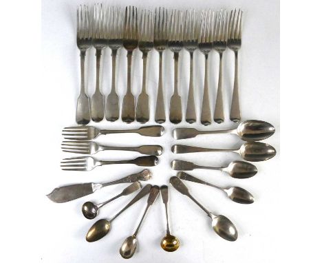 A collection of mainly 19th century silver flatwares, comprising seven table forks in the Fiddle pattern, five table forks in