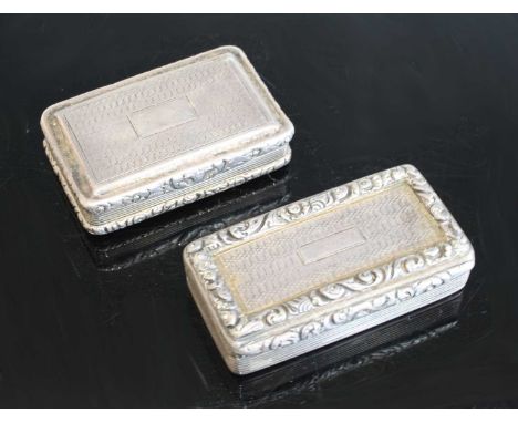 Two George III silver snuff boxes, each of rectangular form with all-over engine turned wavy lines and diamond decoration, th