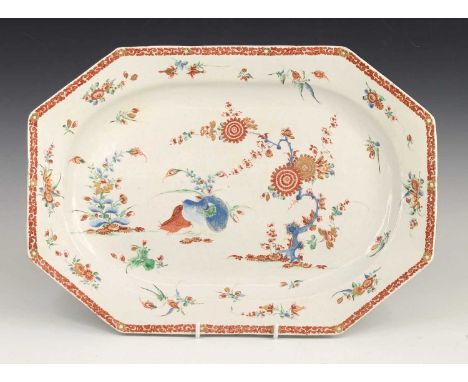 A Bow porcelain meat dish, circa 1755, of octagonal form, enamel decorated with the 'Two Quail' pattern in the Kakiemon palet