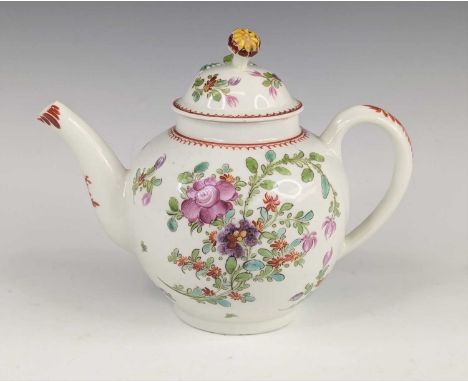 A Lowestoft porcelain teapot, circa 1790, of bullet form, enamel decorated with flowers in the manner of Thomas Curtis, h.15c