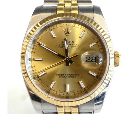 A gents bi-metal Rolex Oyster Perpetual Datejust superlative chronometer officially certified wristwatch, with round champagn