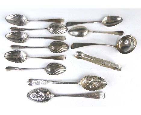A collection of George III silver spoons by Hester Bateman, comprising a set of six teaspoons, having wavy cast bowls, bright