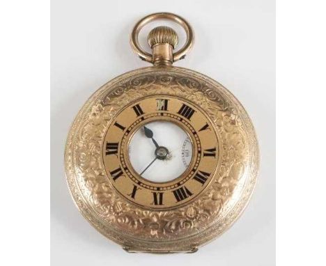 A 9ct gold Spikens Noted Lever half hunter keyless pocket watch, having a round white Roman dial and sub seconds dial at 6, e