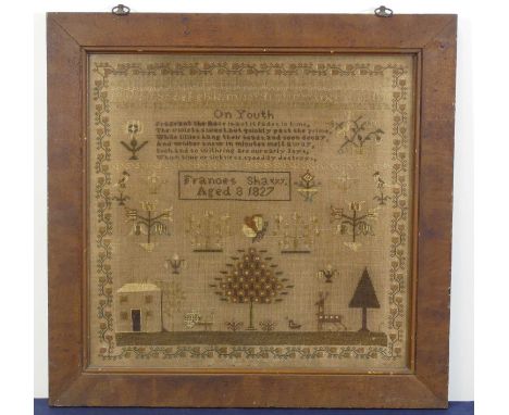 A George IV needlework verse, alphabet and picture sampler by Frances Shaw aged 8, dated 1827, 42 x 43cmThe whole is discolou