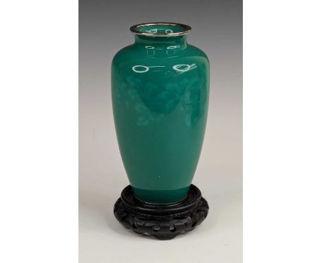 A Japanese green cloisonne enamel vase, Taisho or Showa period, probably Ando Jubei, having a white metal rim and foot, h.18c
