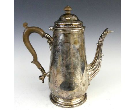 A Victorian silver coffee pot with removable filter section, of tapering conical form to a stepped circular foot, with acanth