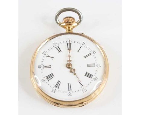 An 18ct gold cased open face manual wind fob watch, having cream Roman dial and outer seconds, with scrollwork hands and engr