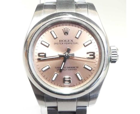 A lady's steel Rolex Oyster Perpetual superlative chronometer officially certified wristwatch, with pink index/Arabic dial an