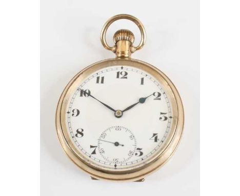 A 9ct yellow gold Record Watch Co open faced keyless pocket watch, having a round white Arabic dial and subdial at 6, case di