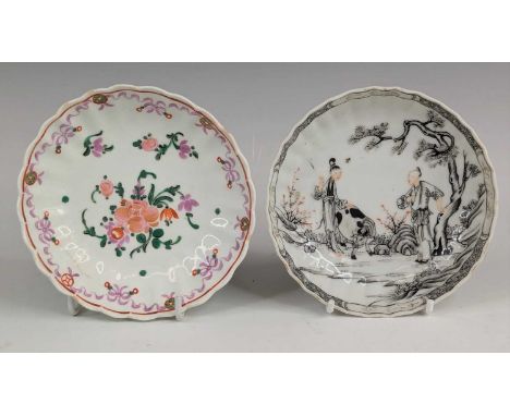 An English porcelain saucer, 18th century, enamel decorated with flowers, dia.12cm, together with another Chinese porcelain s