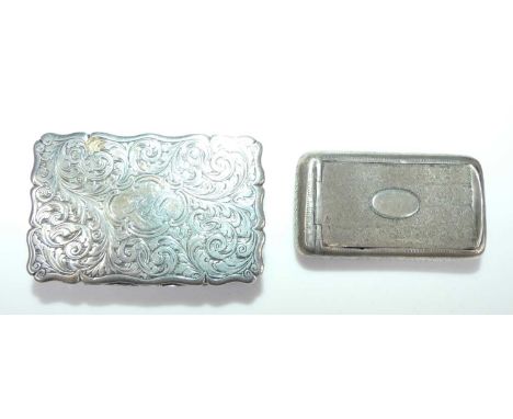 An early Victorian silver snuff box, of shaped rectangular form with hinged cover,having all-over scrolling leaf decoration w