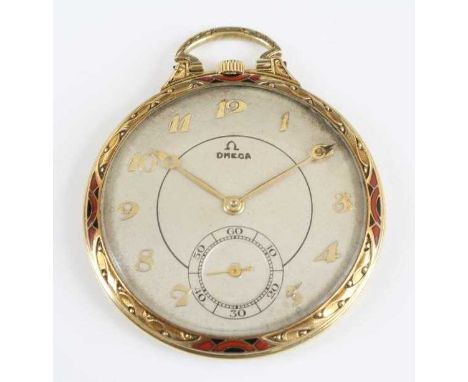 A 14ct gold Omega open face keyless pocket watch, having a cream Arabic dial and sub seconds dial at 6, the engraved bezel an