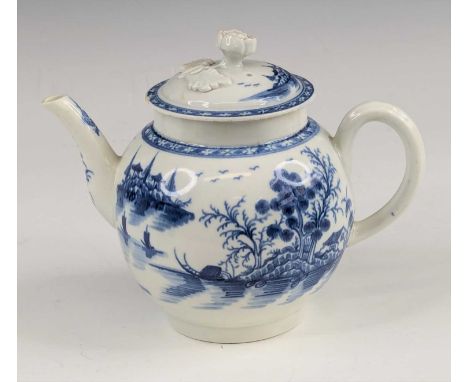 A Worcester porcelain teapot, circa 1770, of bullet form, decorated in the Rock Strata Island pattern, W mark to the undersid