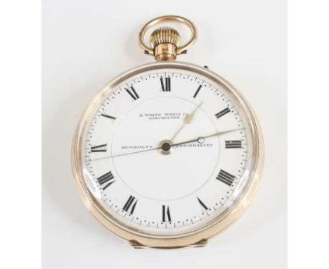 A 12ct yellow gold open face H White Co Manchester keyless pocket watch, having a round white Roman dial and sweep centre sec