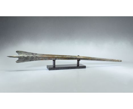 Ca. 650 BC. Large Greek Archaic PERIOD thin spear with a wide base. A cast Bronze Age sword or rapier blade, leaf-shaped in p