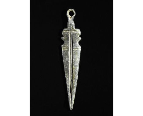 CA. 200 AD. Unusual Ancient bronze cosmetic tool; including tweezers and nail pick; integral loop for attachment to a belt or