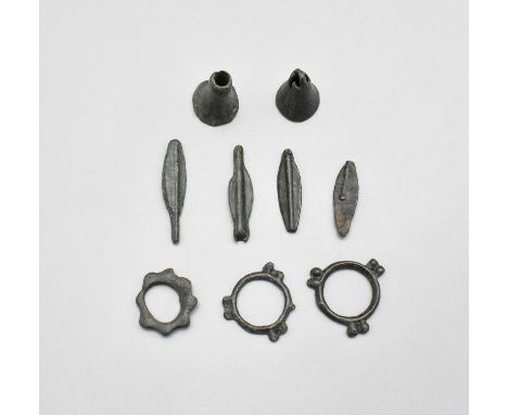 CA. 700 BC. Interesting collection of Celtic bronze proto money objects – including arrows, bells, knobbed rings. It is belie