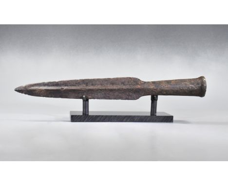 CA. 900 AD. Large, Viking Scandinavian socketed spearhead with thick midrib. Expertly cleaned and conserved.  Ref. Cf. Arbman