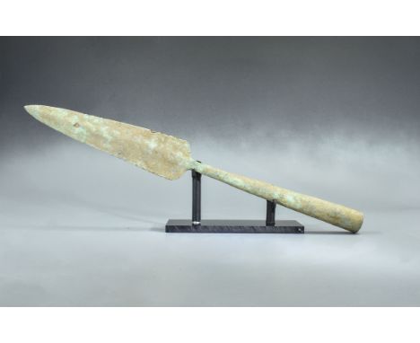 Ca. 1600 - 800 BC Rare Ancient Greek Bronze Hoplite Socketed Spear in custom made stand. Leaf shaped blade, long and thin nec