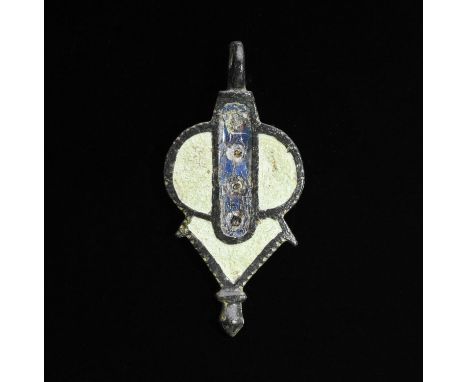 CA. 200 AD. Rare flat section cavalry pendant with integral loop and applied polychrome enamel insert. Very good, wearable co