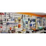 Large quantity of various plumbing tools, accessories, adhesives etc. to shelves of trade counter