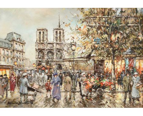 Antoine Blanchard (1910-1988) French"Notre Dame from the Place Saint Michel, Paris"Signed, inscribed and stamped verso with t