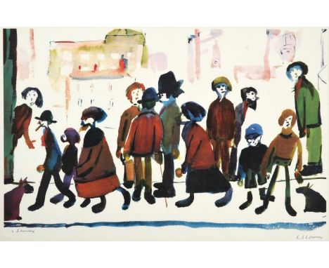 After Laurence Stephen Lowry RBA, RA (1887-1976)"People Standing About"Signed, with the blindstamp for the Fine Art Trade Gui
