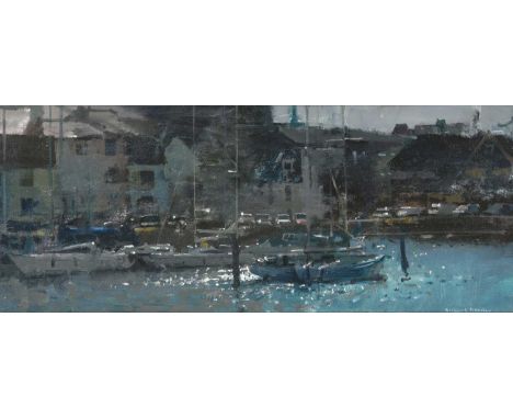 Richard Pikesley RWS, PPNEAC (b.1951)  “Against the Light, Weymouth”  Signed, inscribed verso, oil on board, 24.5cm by 60cm  