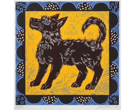 Mark Hearld (b.1974)The artist's dogSigned and dated (20)12, numbered 58/75, linocut, 55cm by 54cm Provenance: York Open Stud